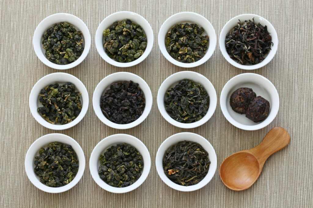 taiwanese tea assortment : oolong tea, iron goddess tea, pu-erh tea